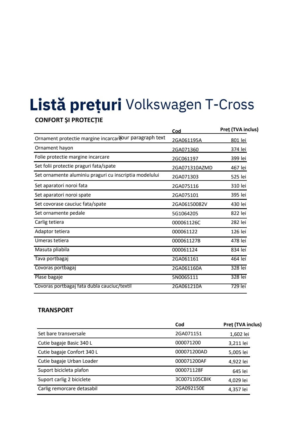 lista pret